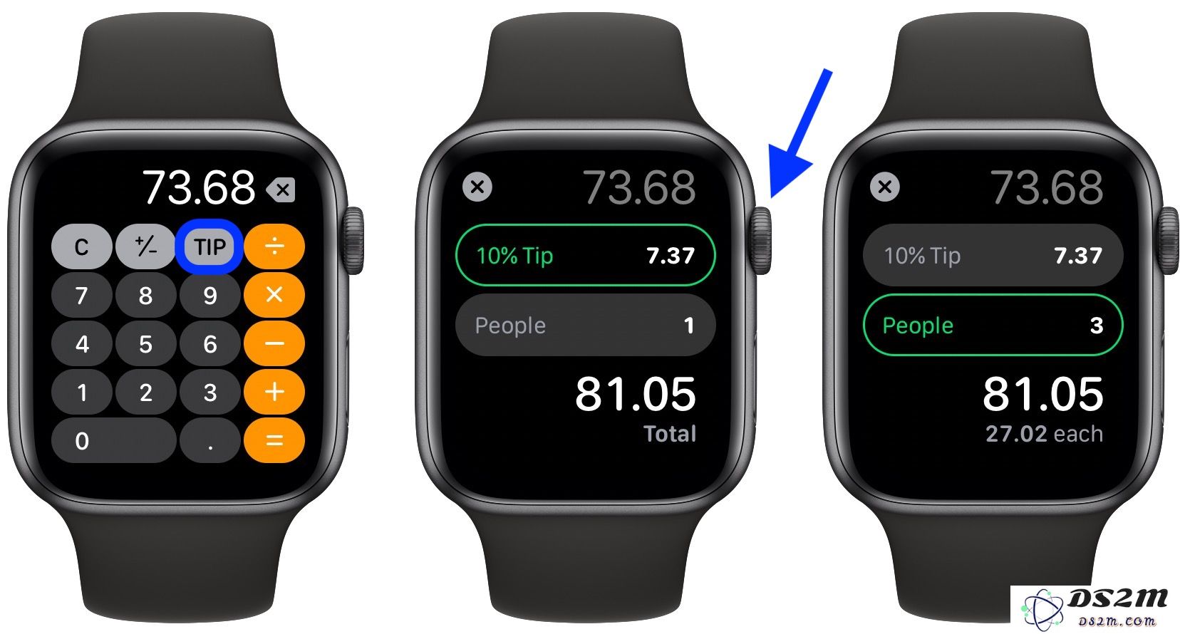 如何在 Apple Watch 上使用拆分的帐单和小费计算器功能？