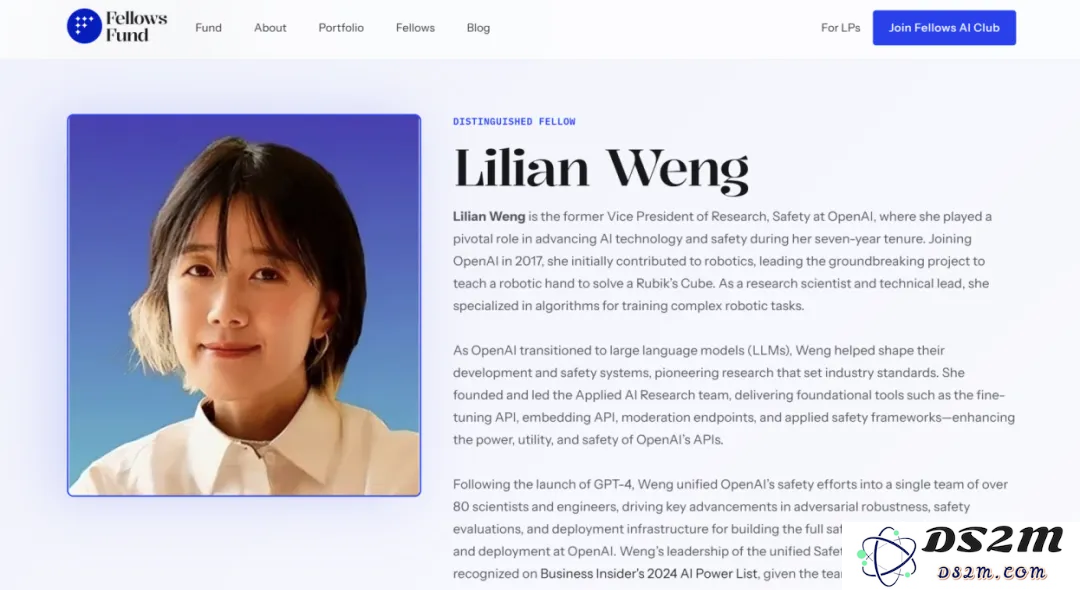 前OpenAI华人副总裁Lilian Weng加入Fellows Fund Fellow团队，共同推动人工智能创新与未来创业者的发展