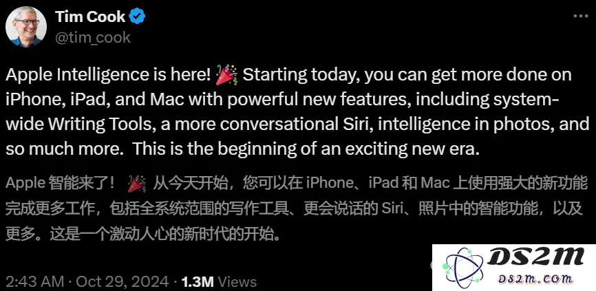 苹果发布全新AI功能，ChatGPT免费开放使用！首款M4 Mac问世，库克称其为全球最优秀的AI一体式电脑