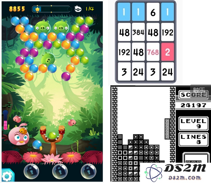 左：Rovio的泡泡龙类型游戏 右上：《threes！》右下：一个传统的俄罗斯方块游戏