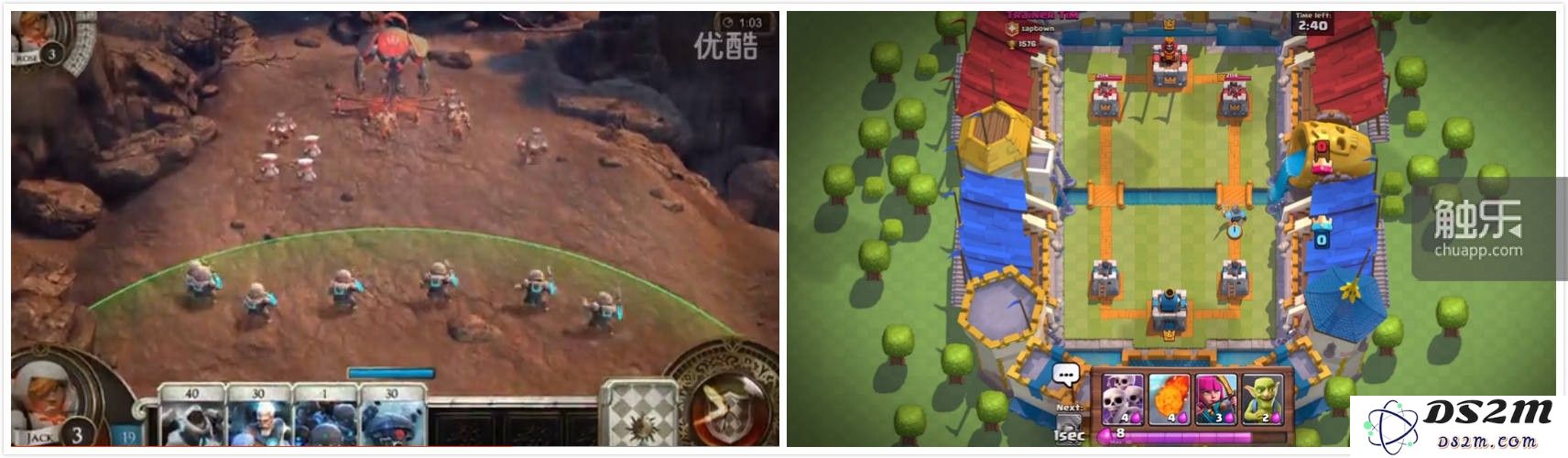 左图为雷亚的新游《伊甸之魂》,右图为Supercell的《皇室战争》