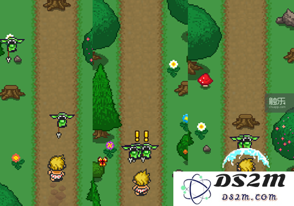在《Dash Quest》中，敌人从到路边向玩家靠近，出现黄色叹号后攻击玩家，玩家此时召唤出防护罩。