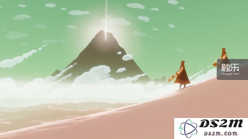 图中的两个角色在游戏中不能交谈,没有互动,在游戏结束之前甚至不知道对方的名字(PSN ID)。《Journey》通过冲击传统游戏玩家互动方式来传达对于人生旅程的思考