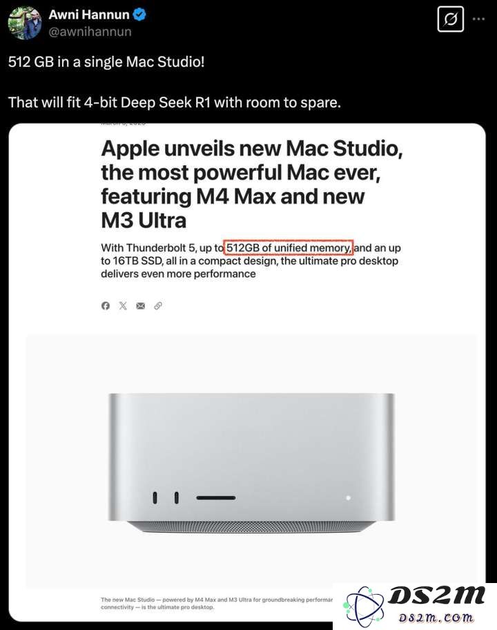苹果最强M3 Ultra首发逆天，512GB“桌面超算”在家跑DeepSeek-R1